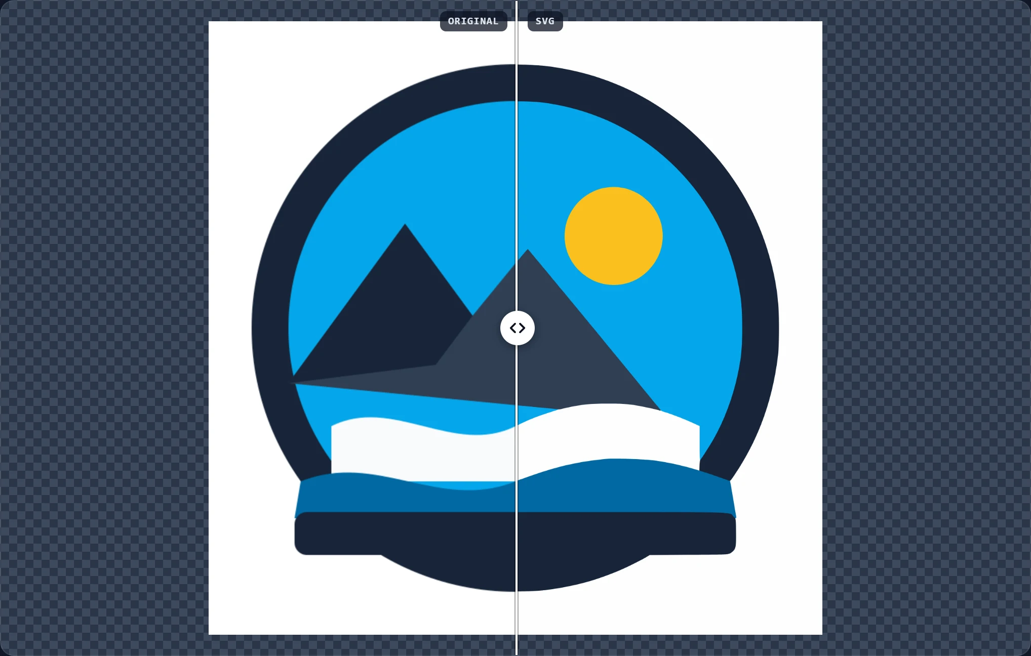 The compare view: the original bitmap on the left of a draggable divider and the traced SVG on the right