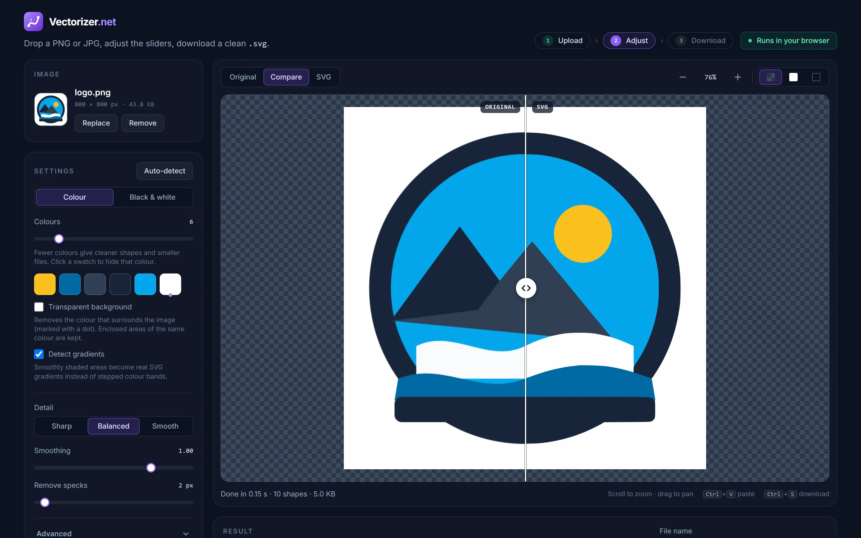 The AnyToSVG page with a logo loaded: settings on the left, the compare preview in the middle, the result and download panel below