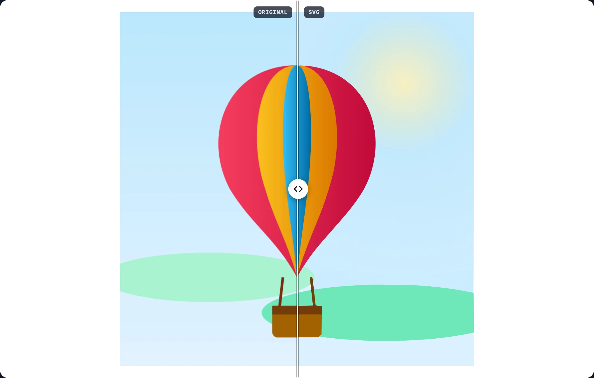 The compare view of the balloon sample: bitmap on the left of the divider, SVG with gradient fills on the right