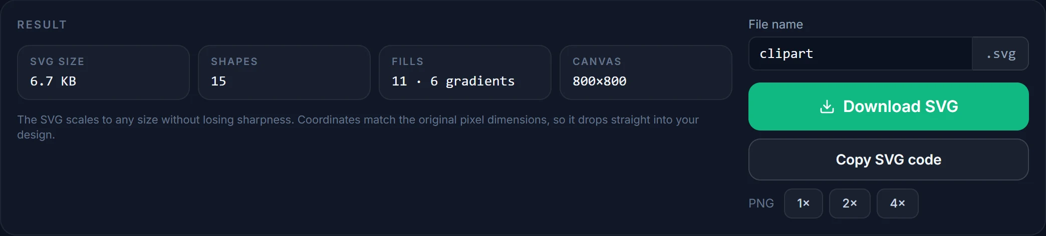 The result panel for the balloon: 6.7 KB, 15 shapes, 11 fills of which 6 are gradients, 800×800 canvas