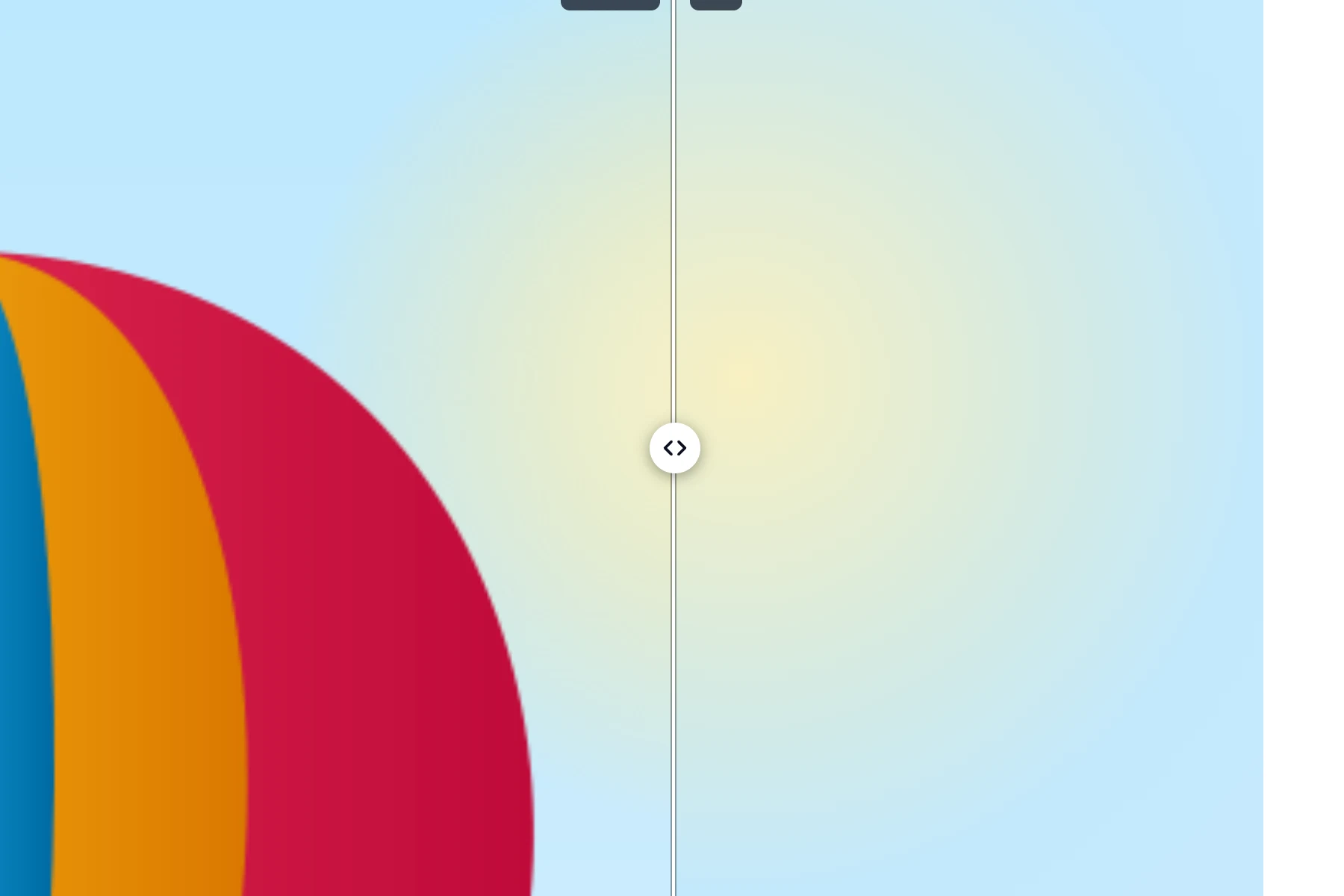 Compare view zoomed on the sun: the original's soft glow on the left of the divider, the traced radial gradient on the right