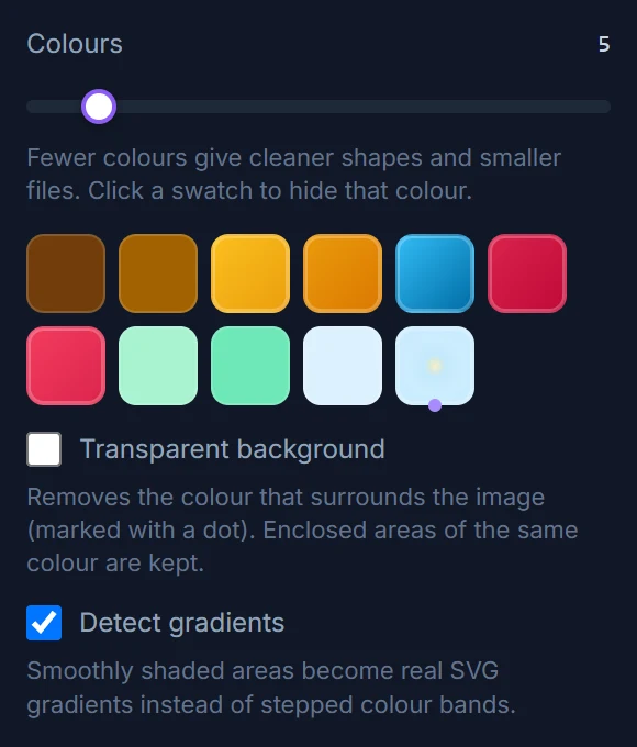 The swatch row for the balloon sample: five flat colours and six gradient swatches, the radial sky marked as background