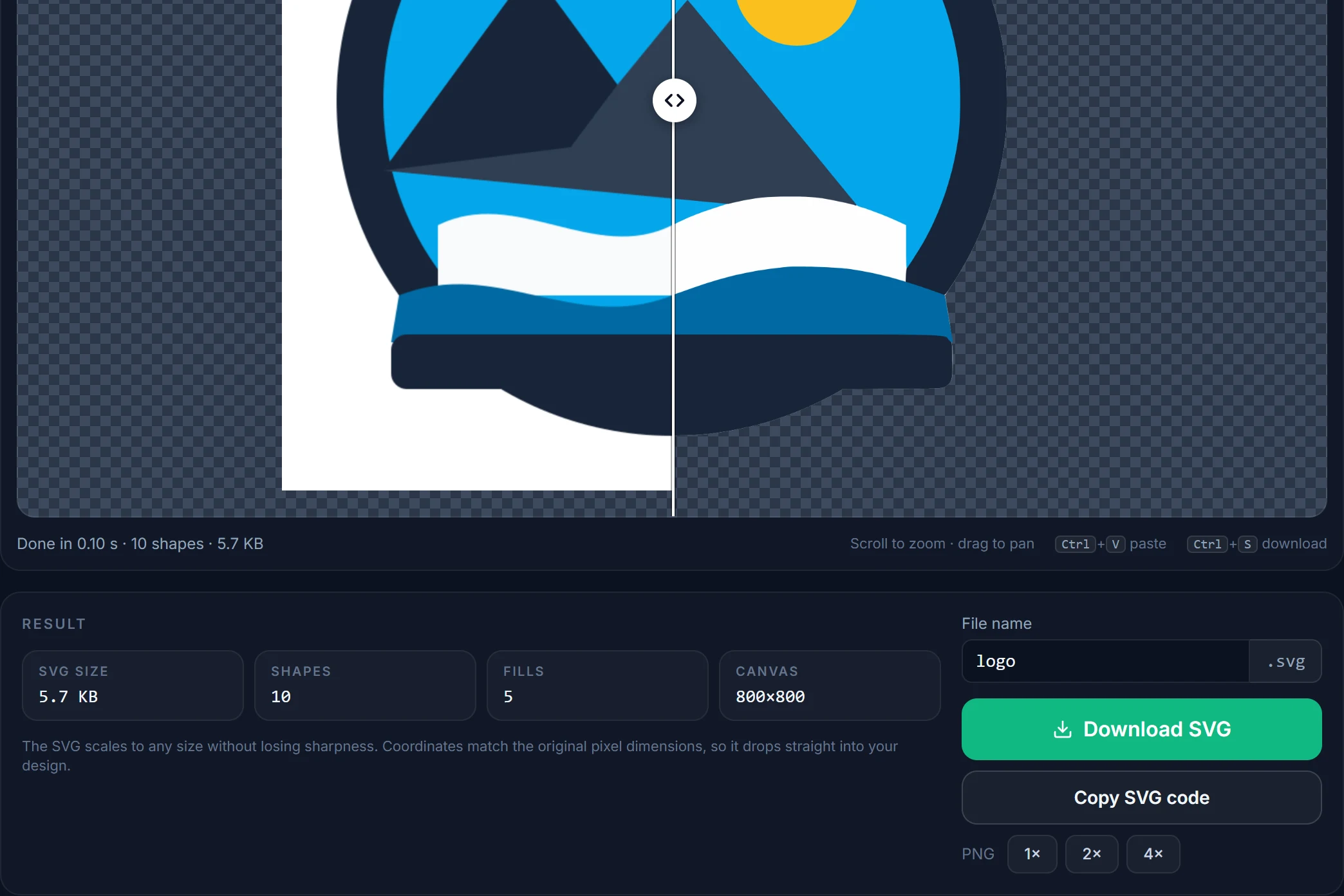 The result panel with SVG size, shape count and the Download SVG button
