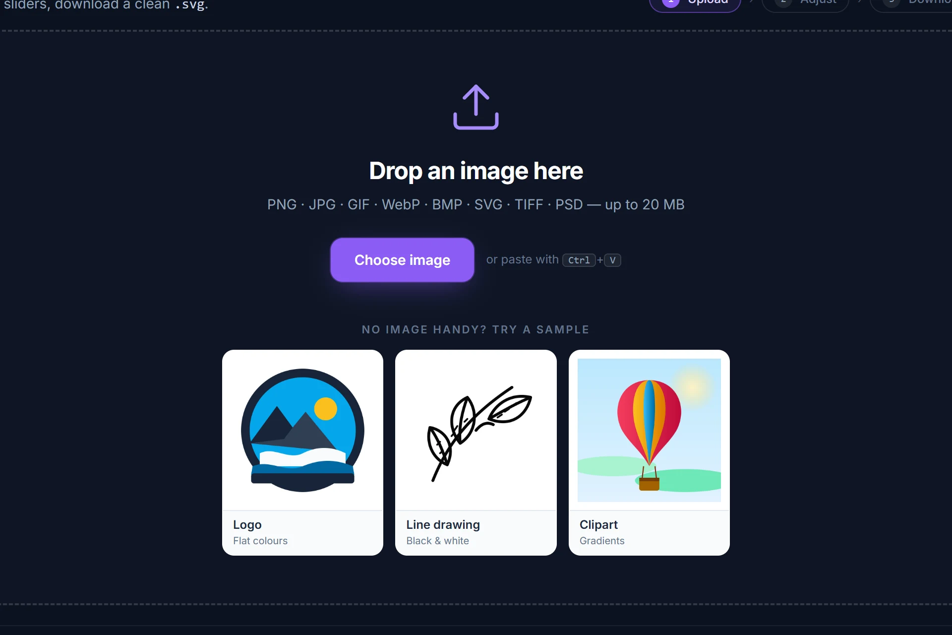 The empty converter: a large drop zone with a Choose image button and three sample images